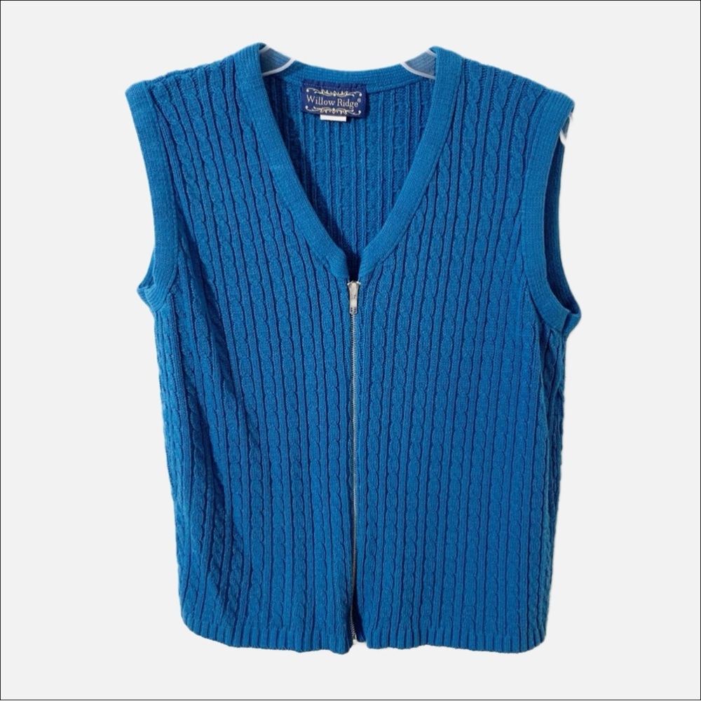 Vintage Willow Ridge Zip Front Cable Knit V-neck Acrylic Sweater Vest 🟦 Ribbed